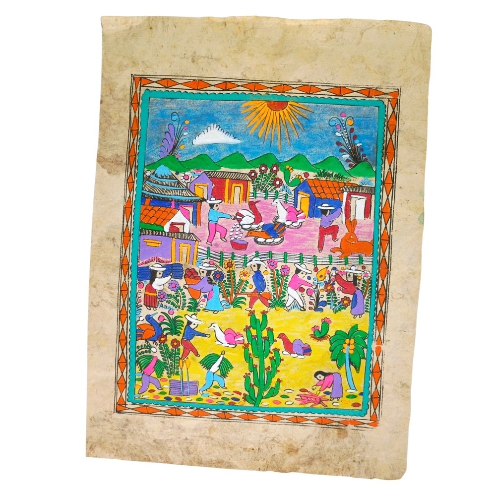 Vintage Mexican Amate Bark Painting Folk Art Village Scene Handmade Paper 11x15 - Picture 1 of 4